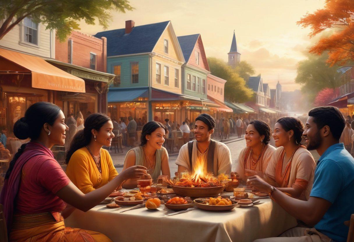 A vibrant community gathering scene featuring diverse individuals interacting and sharing their traditions, with a backdrop of iconic local landmarks and nature elements symbolizing regional identity. Incorporate warm colors to evoke a sense of belonging and community spirit, along with subtle cultural motifs to represent local heritage. super-realistic. vibrant colors. atmospheric.